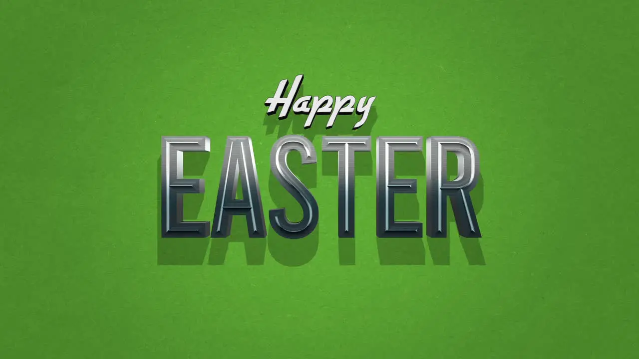 Shiny metal letters on festive green background Happy Easter