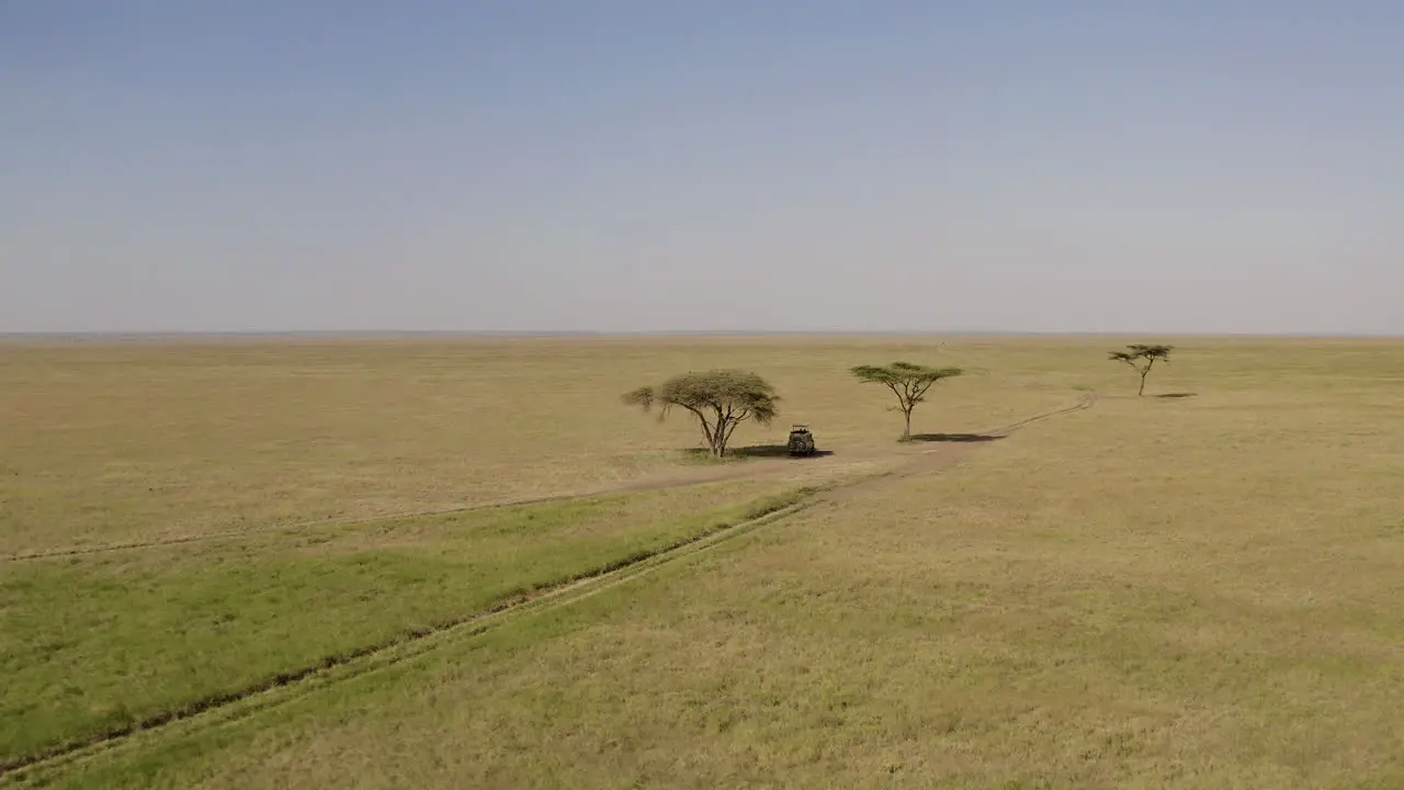 A view of Serengeti valley with the safari tour off-road car parked in the shadow of a tree Tanzania East Africa