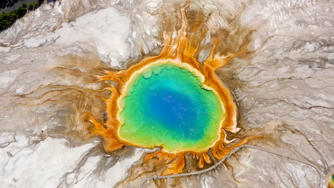 Aerial 4K footage of Grand Prismatic Spring in Yellowstone National Park Wyoming USA