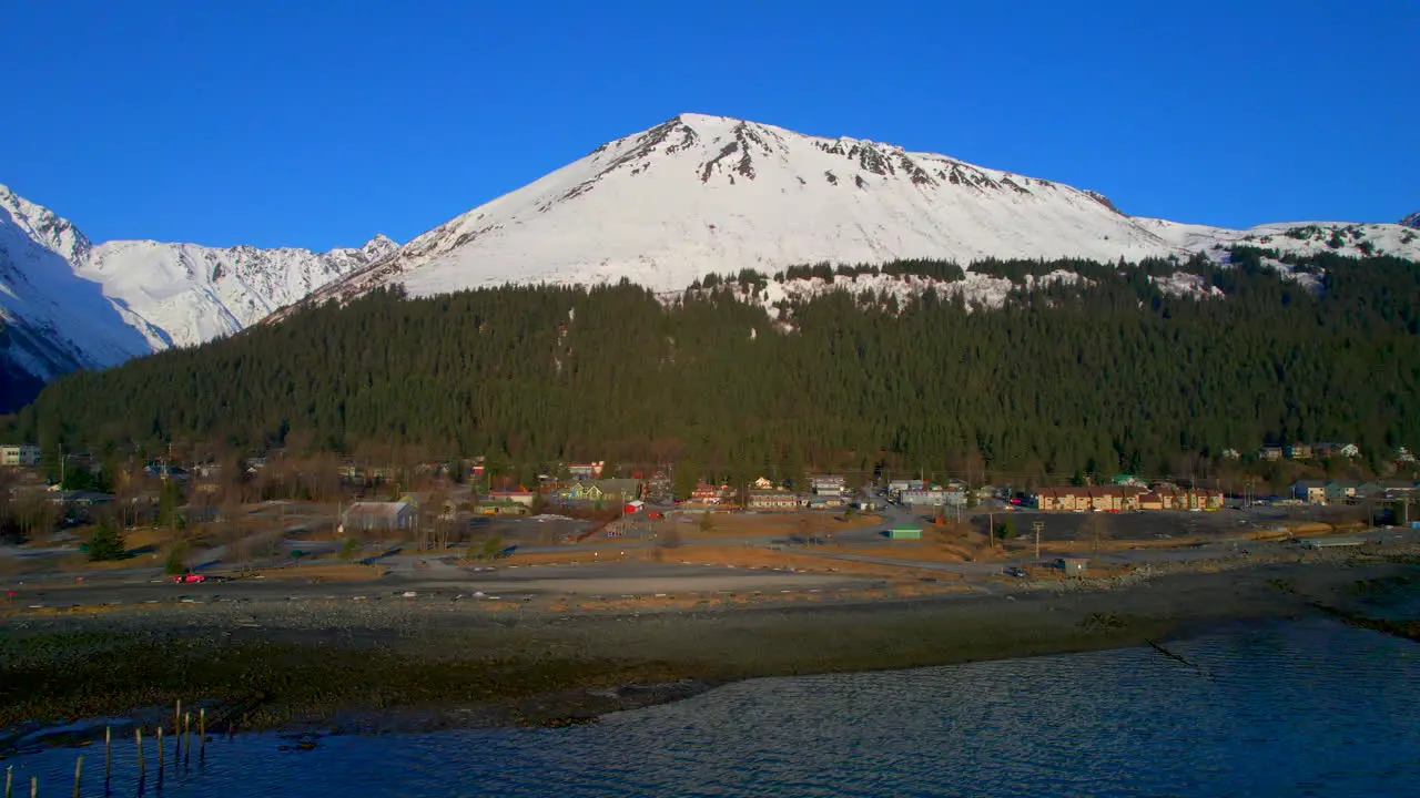 Drone view of Seward Alaska and mountains at sunrise