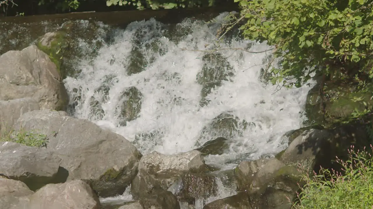 A slow motion waterfall to the river in the forest