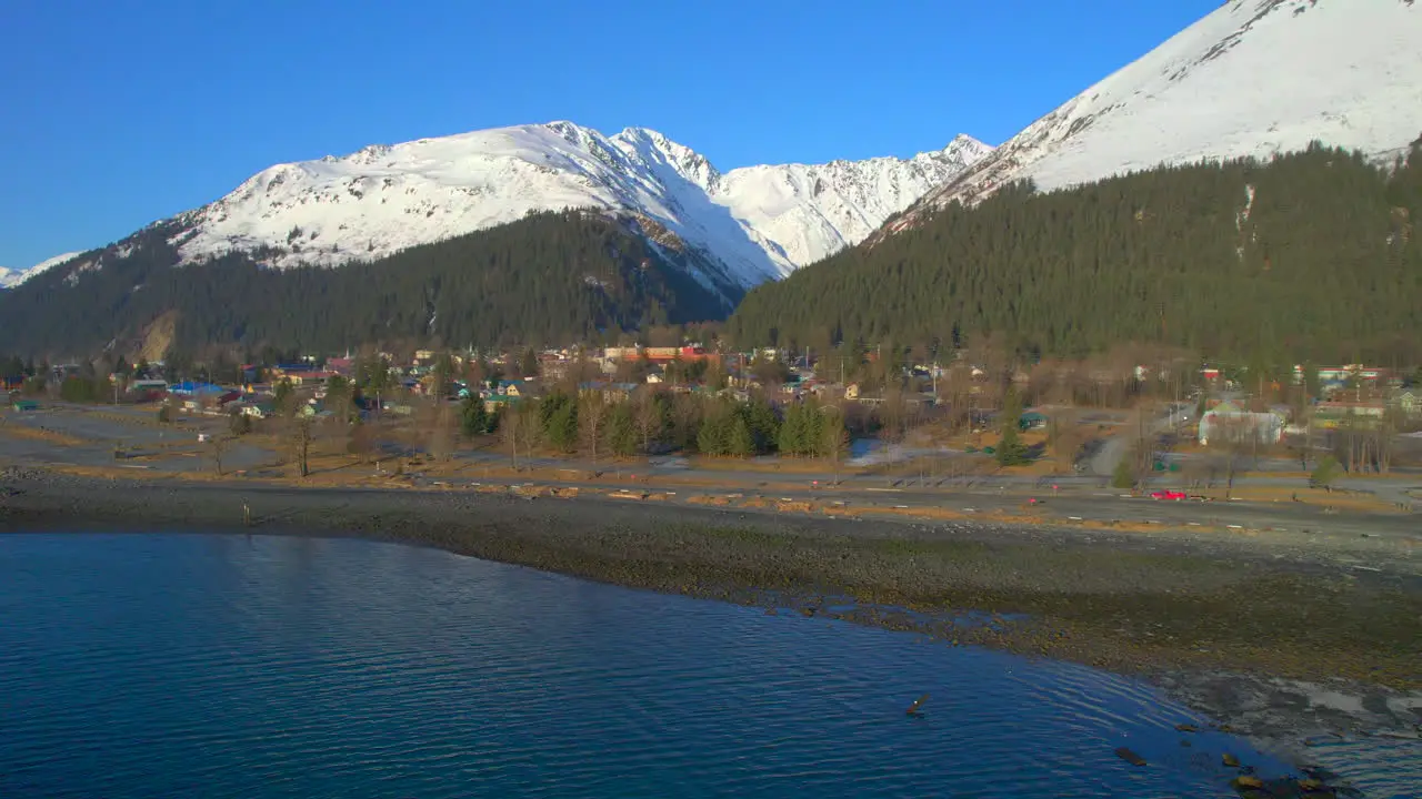 Panoramic view of Seward Alaska and mountains at sunrise