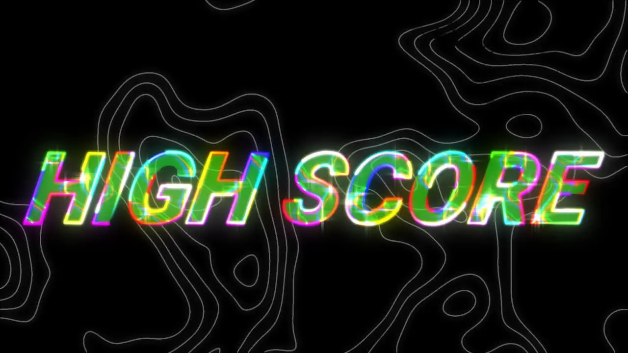 Animation of high score text over neon pattern background