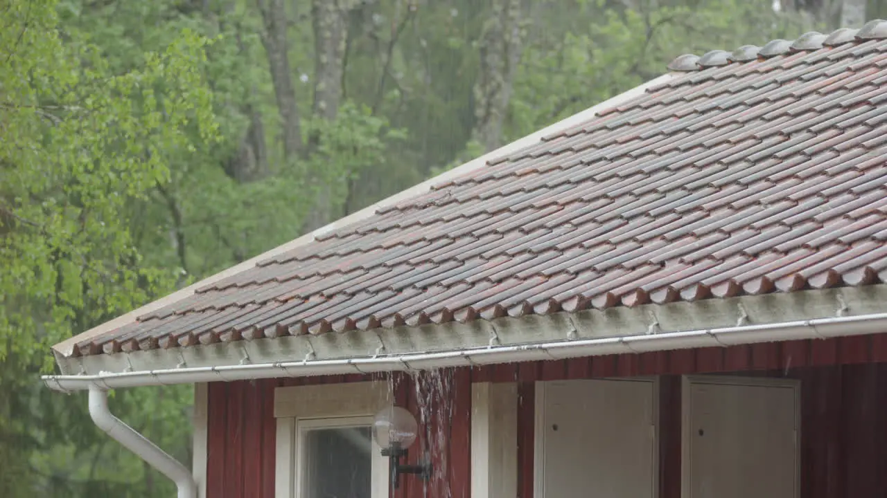 EXTREME WEATHER heavy rain causes the gutter to overflow