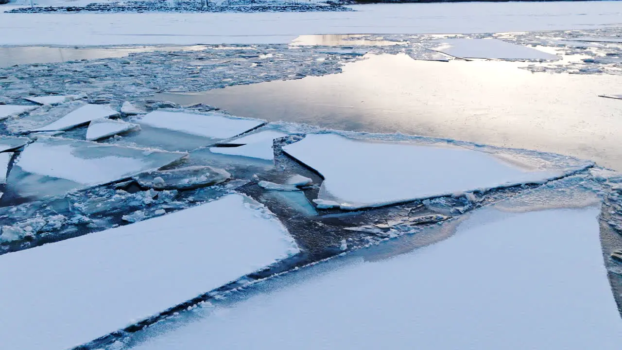 Drone's perspective as it reveals the grandeur of ice masses on the water