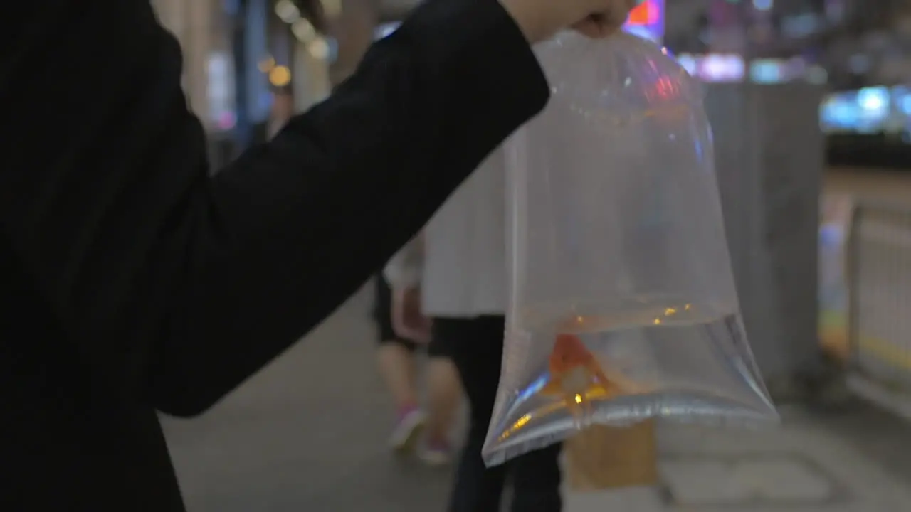 Woman with fish in plastic bag on city street