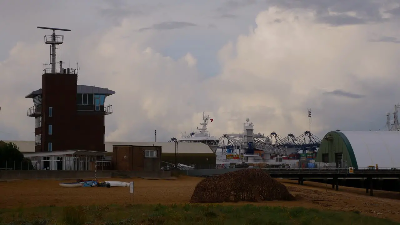 Radar Tower United Kingdom seaports ship and docks in background Harwich Essex