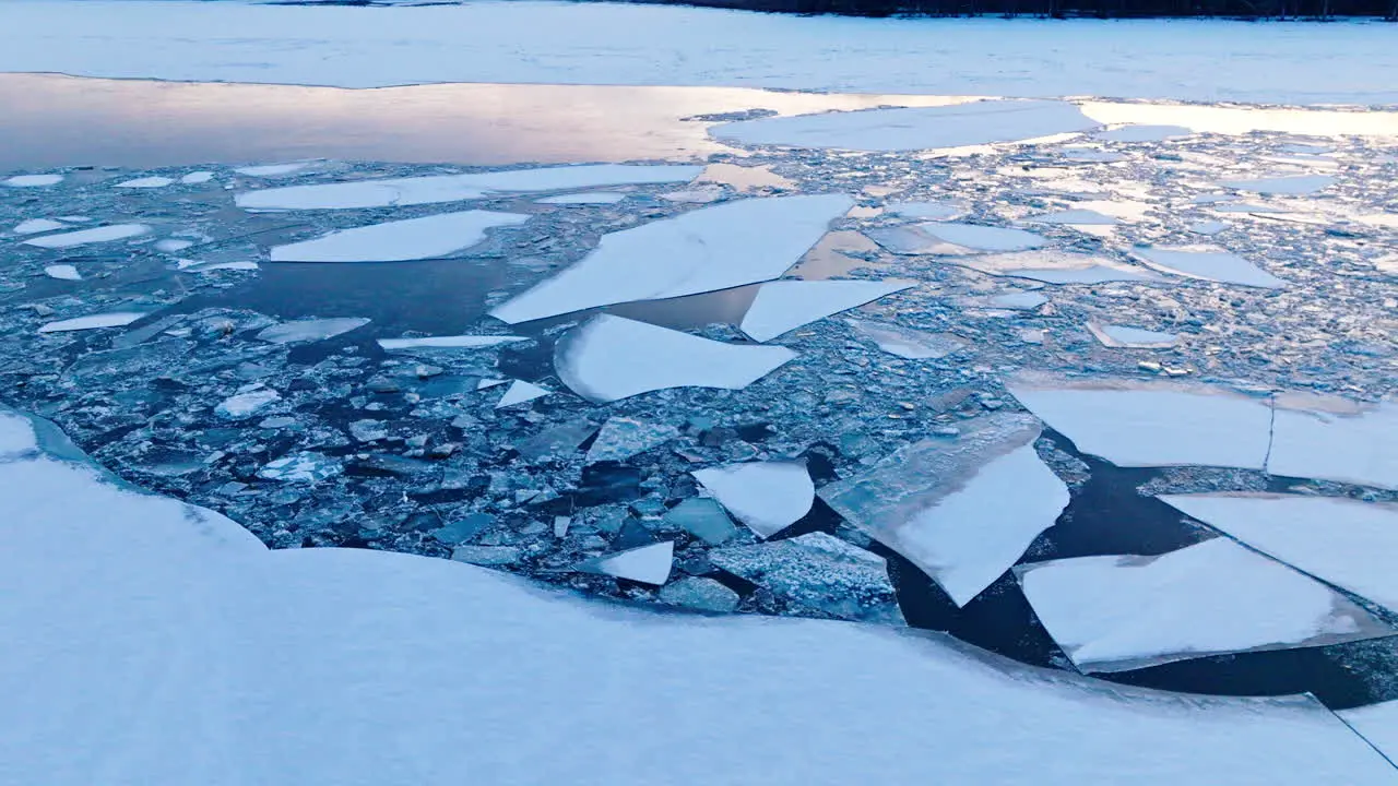 Drone's viewpoint showcasing the world of gigantic ice floes on the water