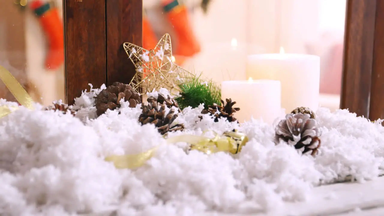 Christmas decorations on fake snow