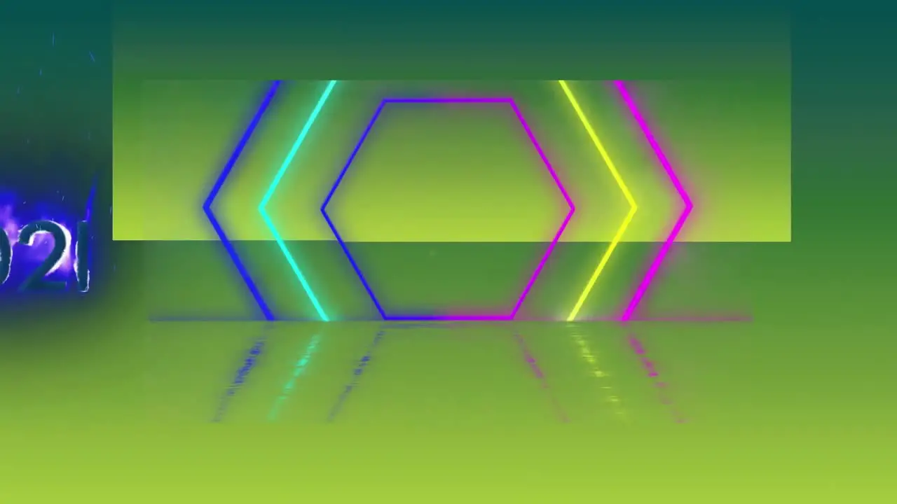 Animation of colorful neon hexagons and burning number on green background