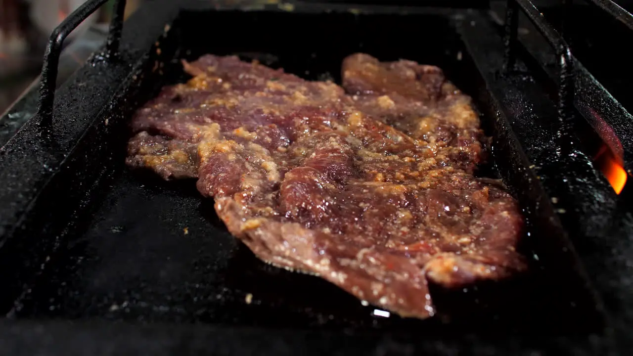 Preparing roast beef in restaurant close-up Mediterranean