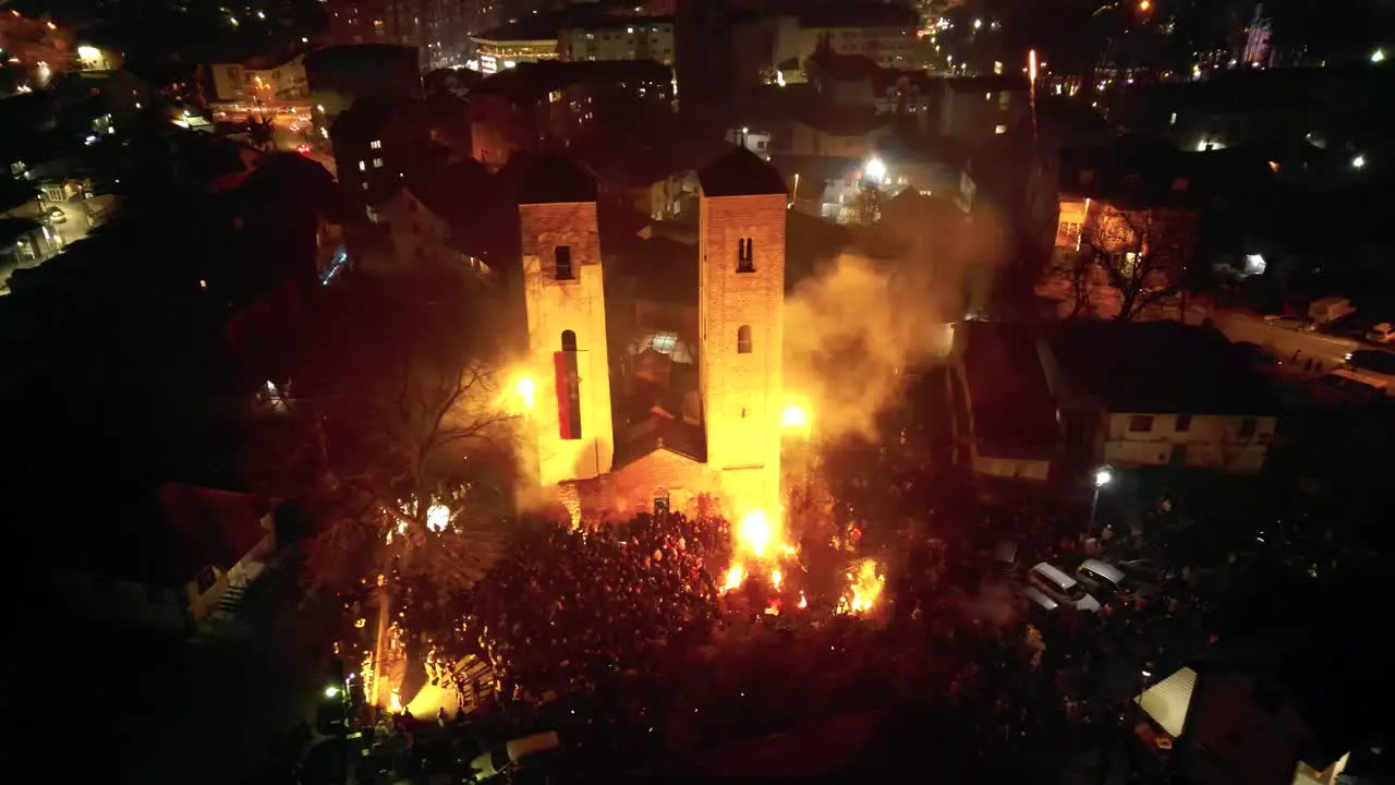 Orthodox Christmas Tree Burning Old Tradition Montenegro Keeping the Flame Aerial Panorama