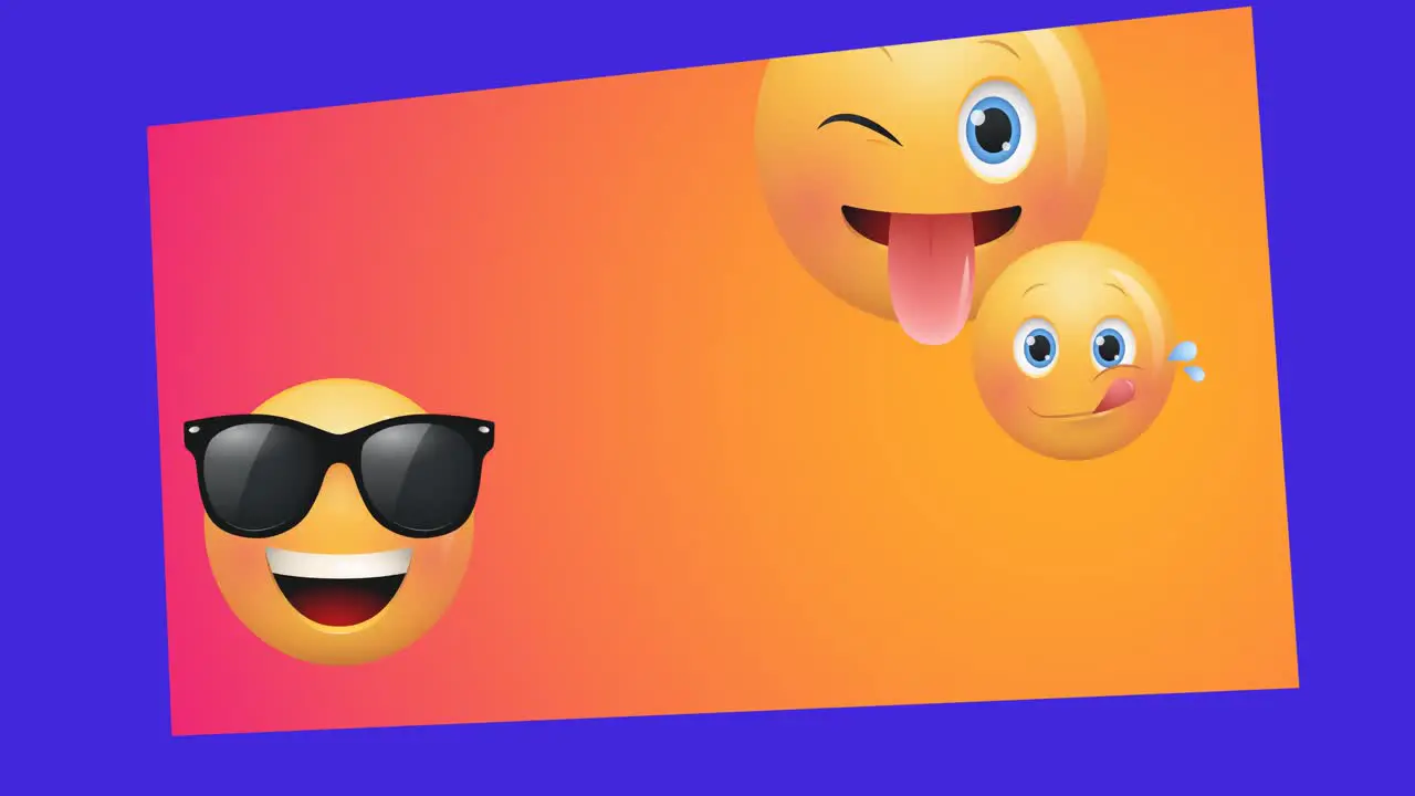 Animation of emoticons moving over orange background with violet frame