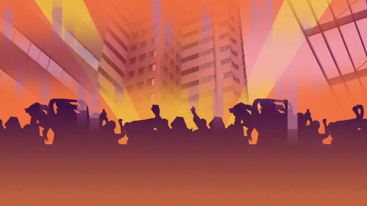 Shadow of a cartoon party with a city as background