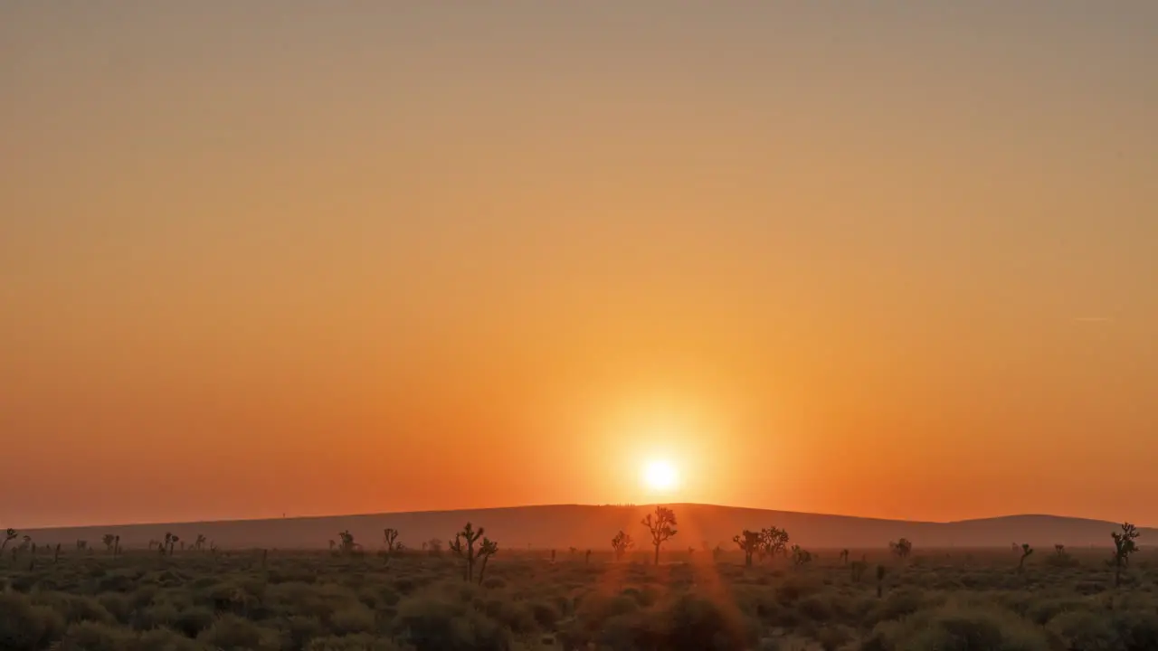 Glorious golden sunrise time lapse over the calm landscape of the Mojave Desert and Joshua tree forest