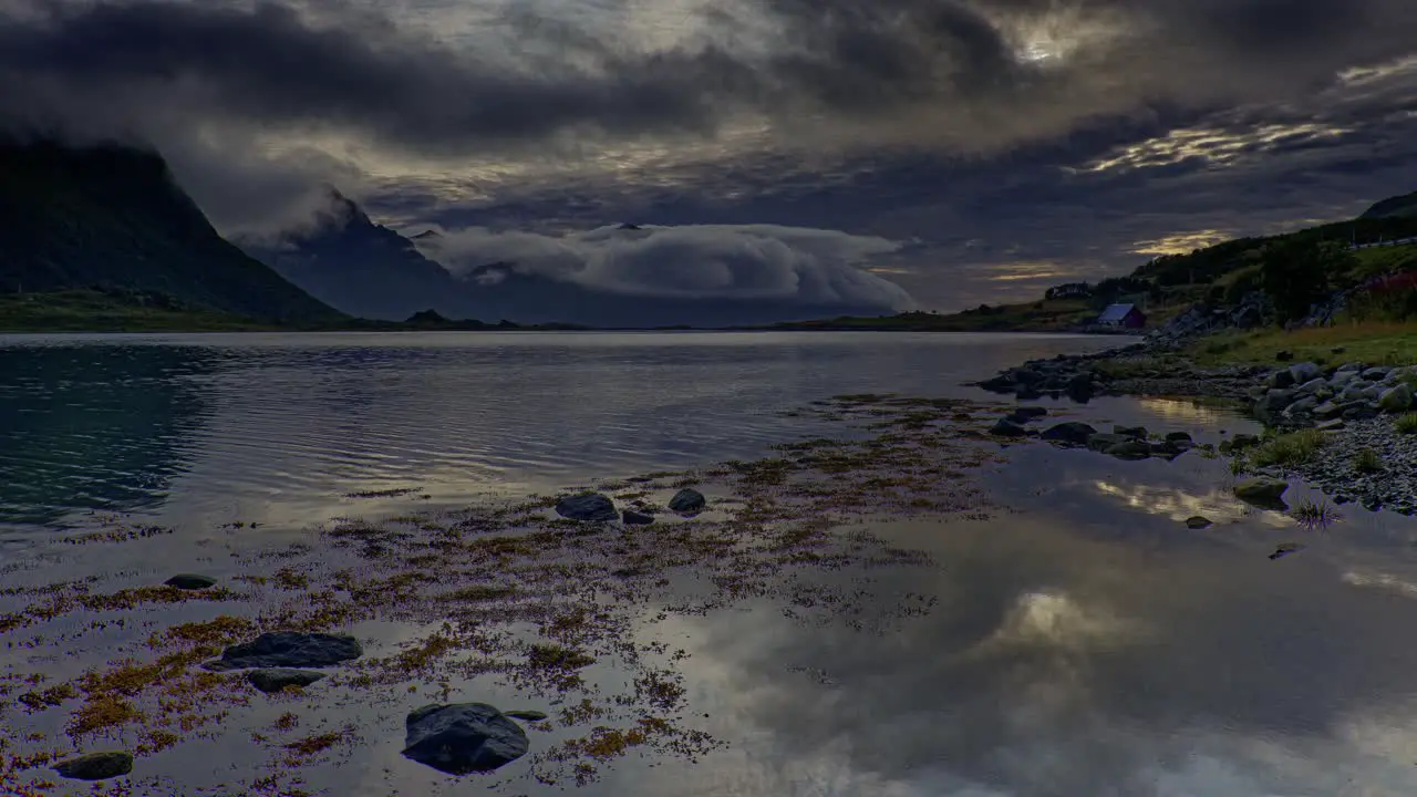 Low angle panoramic view of a lake surrounded by mountains in a cloudy afternoon