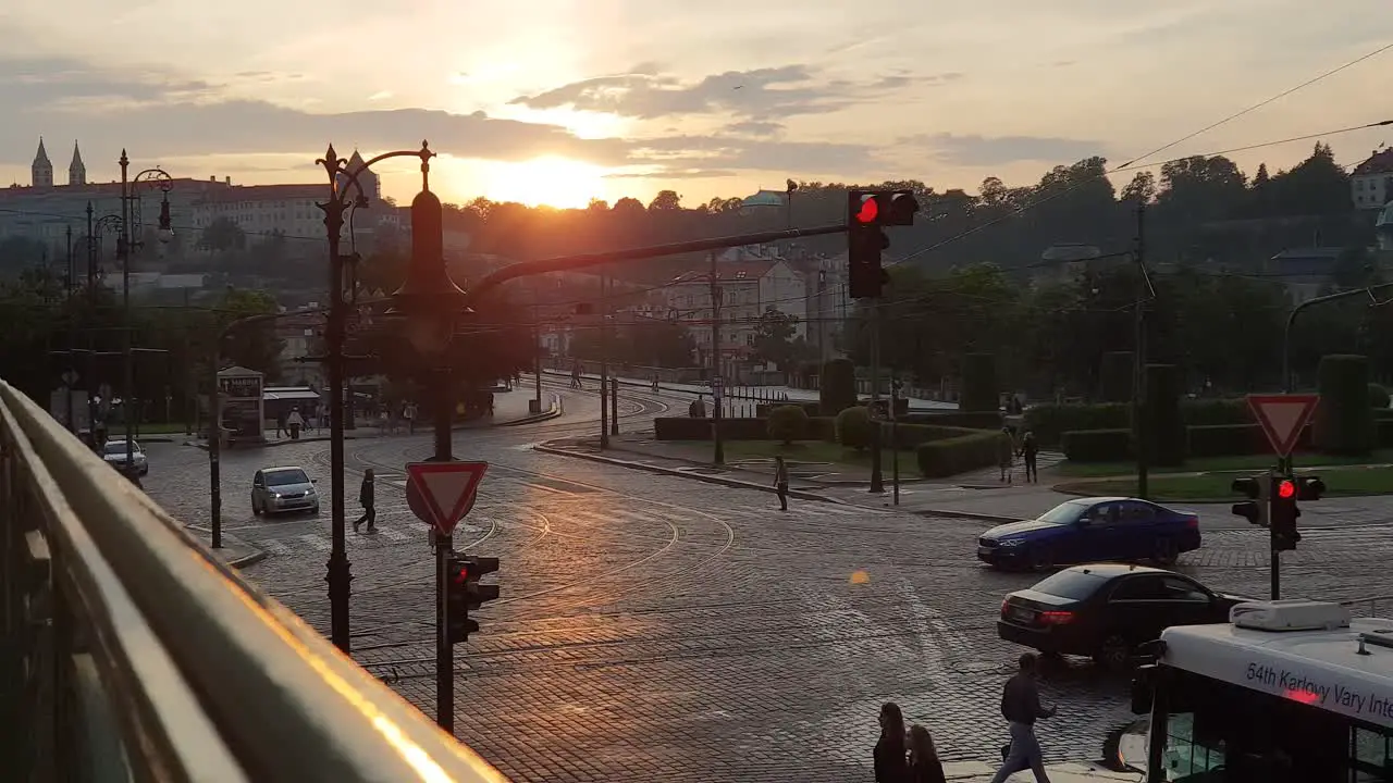 Prague traffic square at sunset