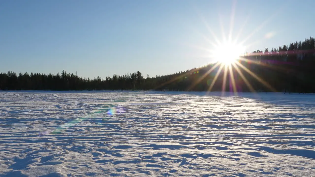 Snowy Landscape with Setting Sun Frozen Lake in Lapland