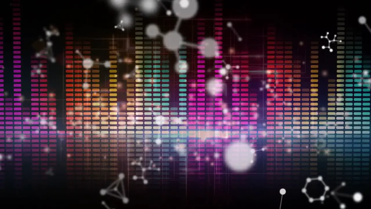 Animation of molecules floating over graphic music equalizer