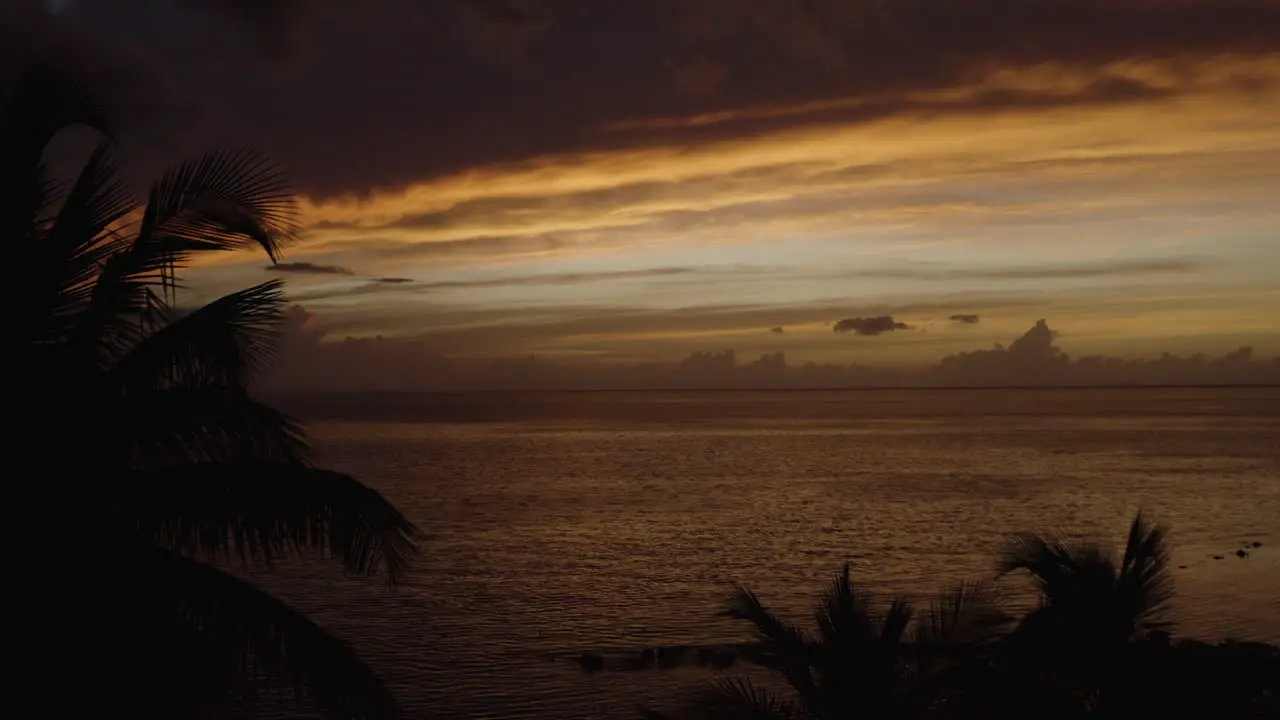 Cinematic dolly in aerial through silhouette palm trees to reveal a romantic sunset over Ostiones Beach in Puerto Rico