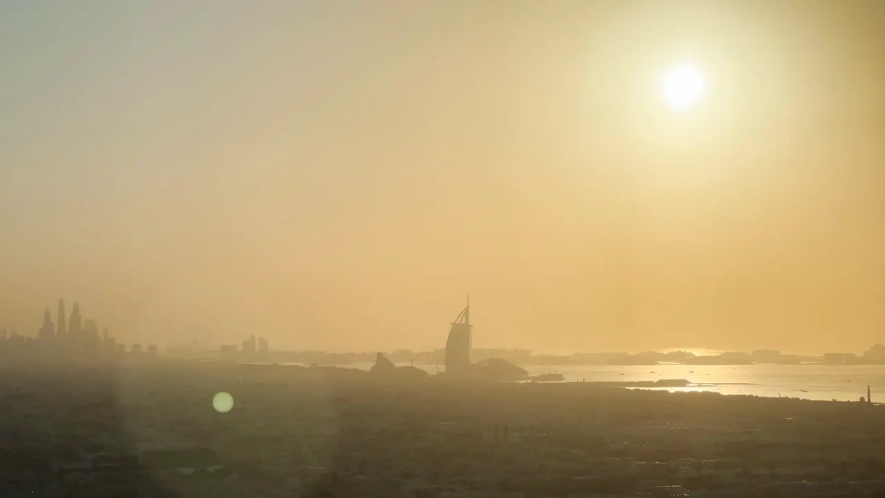 Dubai skyline seen from above at sunset