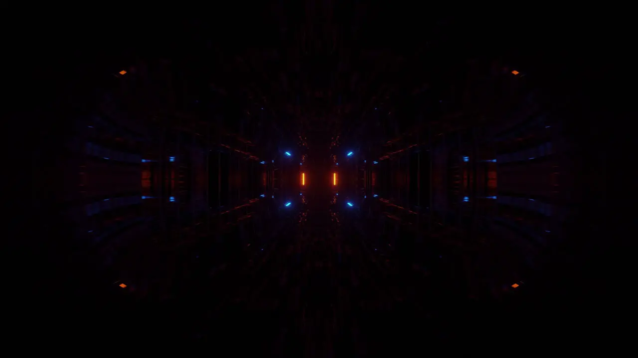 Computerized animation of highly immersive dark space with blue and orange LEDs illuminating it