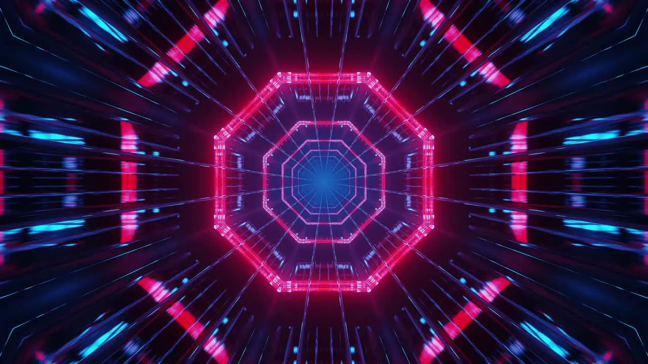 Motion graphics of highly immersive dark space glowing with cyan and red LEDs representing spider man webs