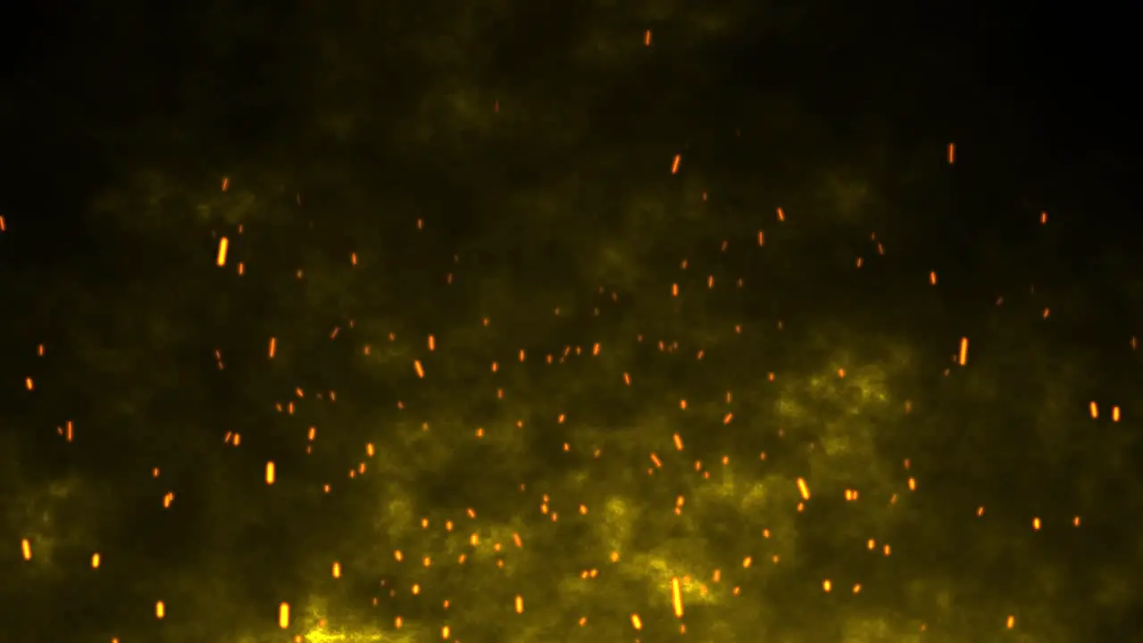 3D animation motion flames fiery hot ember sparks firework glow flying burning particles on black background visual effect 4K yellow gold