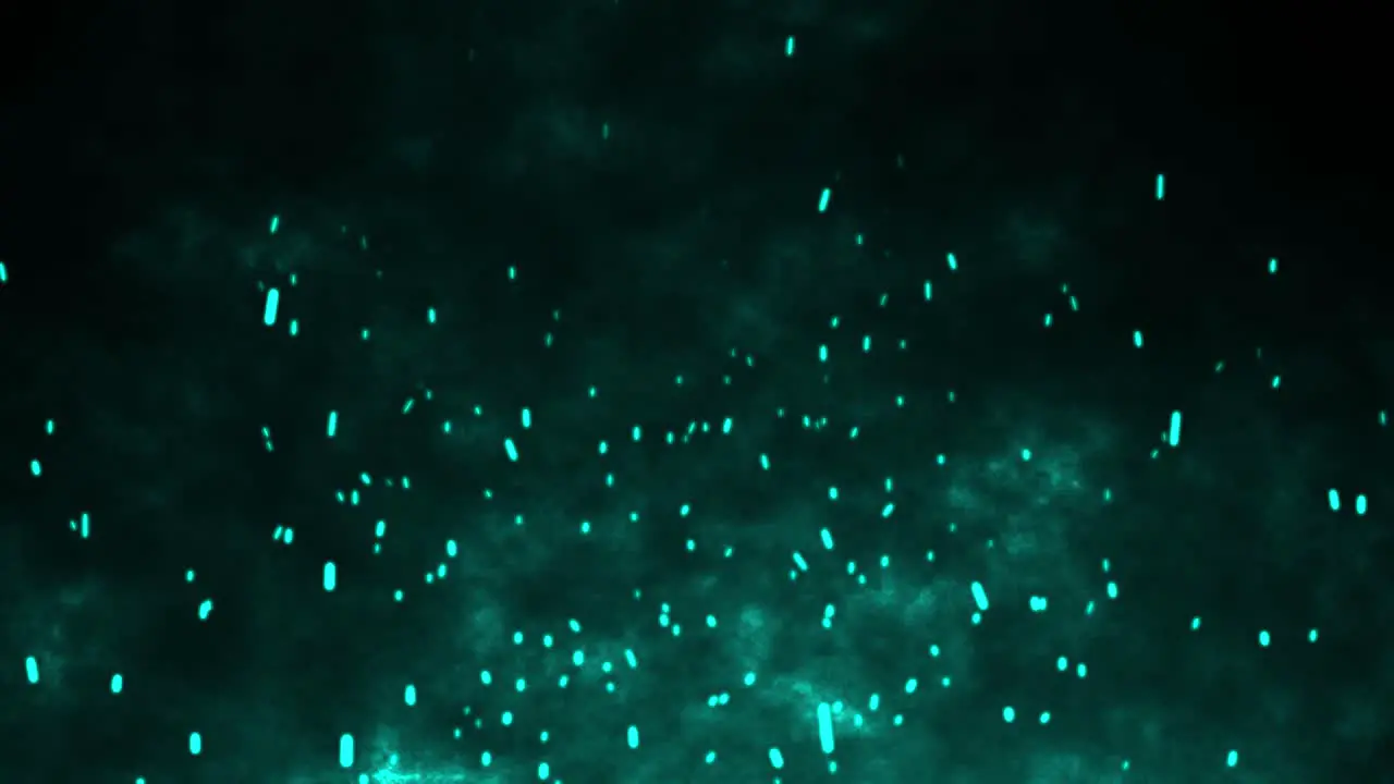 3D animation motion flames fiery hot ember sparks firework glow flying burning particles on black background visual effect 4K teal aqua