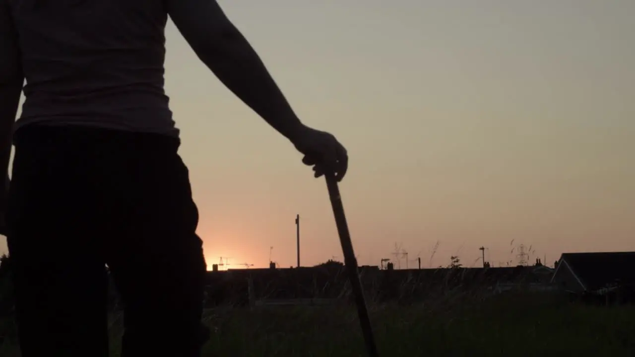 Woman and walking stick silhouette at sunset