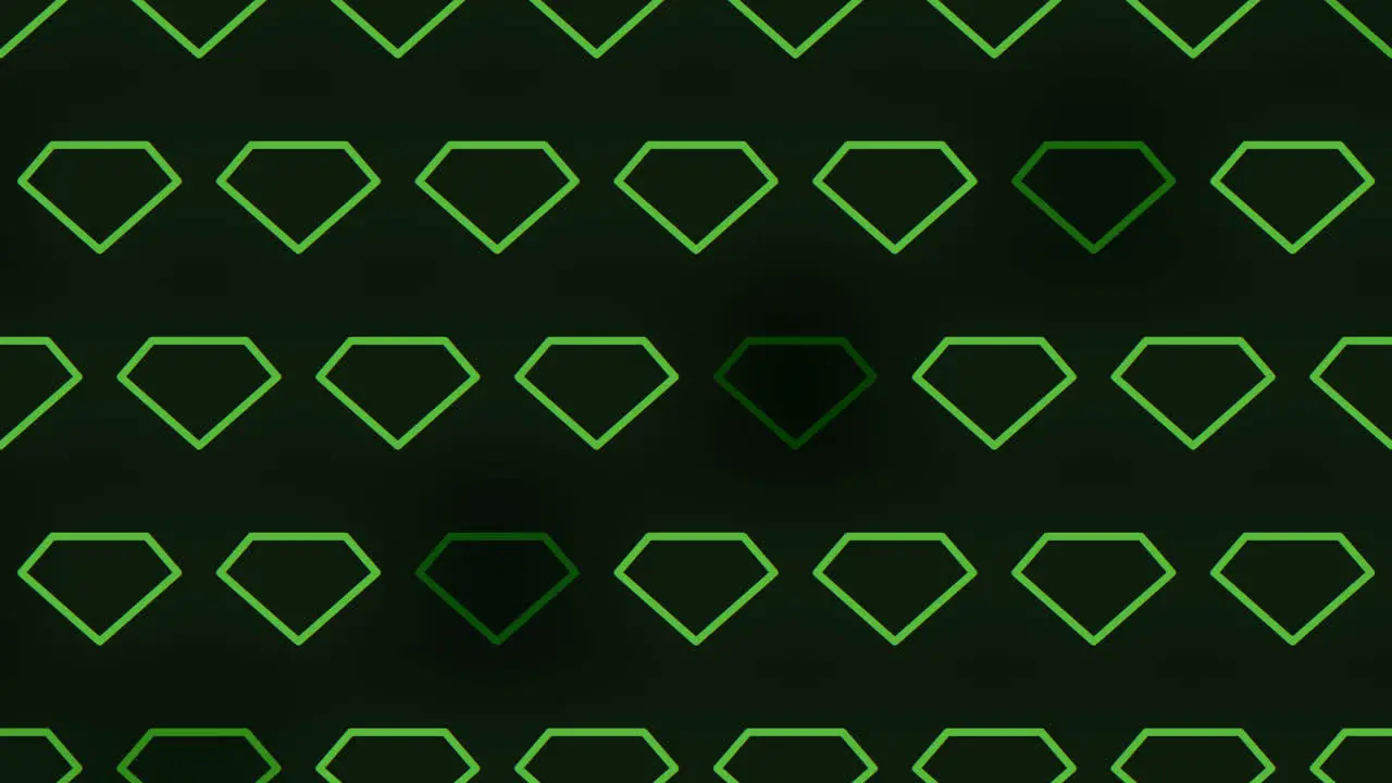 Symmetrical green diamond pattern on black background gradually smaller diamonds in repeating design