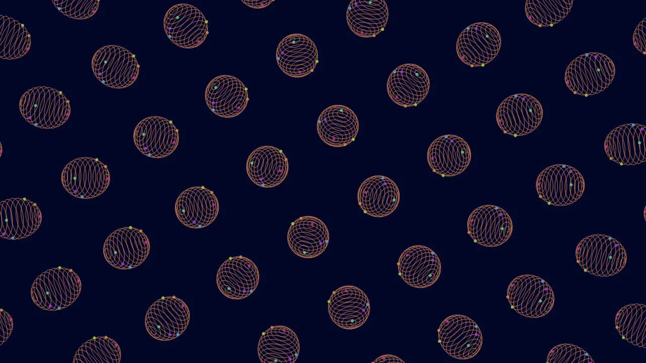 Symmetrical circular pattern with orange and blue lines and dots on dark blue background