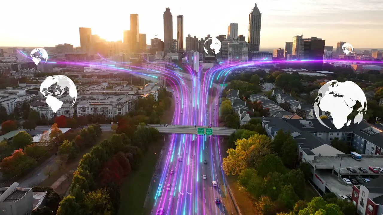 Animated glowing fiber optic streams over highway showing global internet connectivity in USA city during sunset