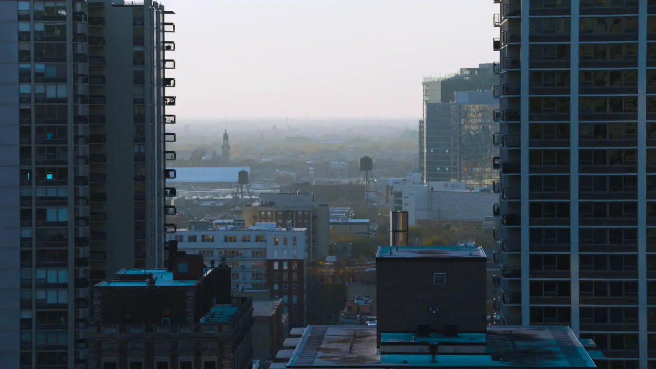 Handheld shot of the city of Chicago at sunset