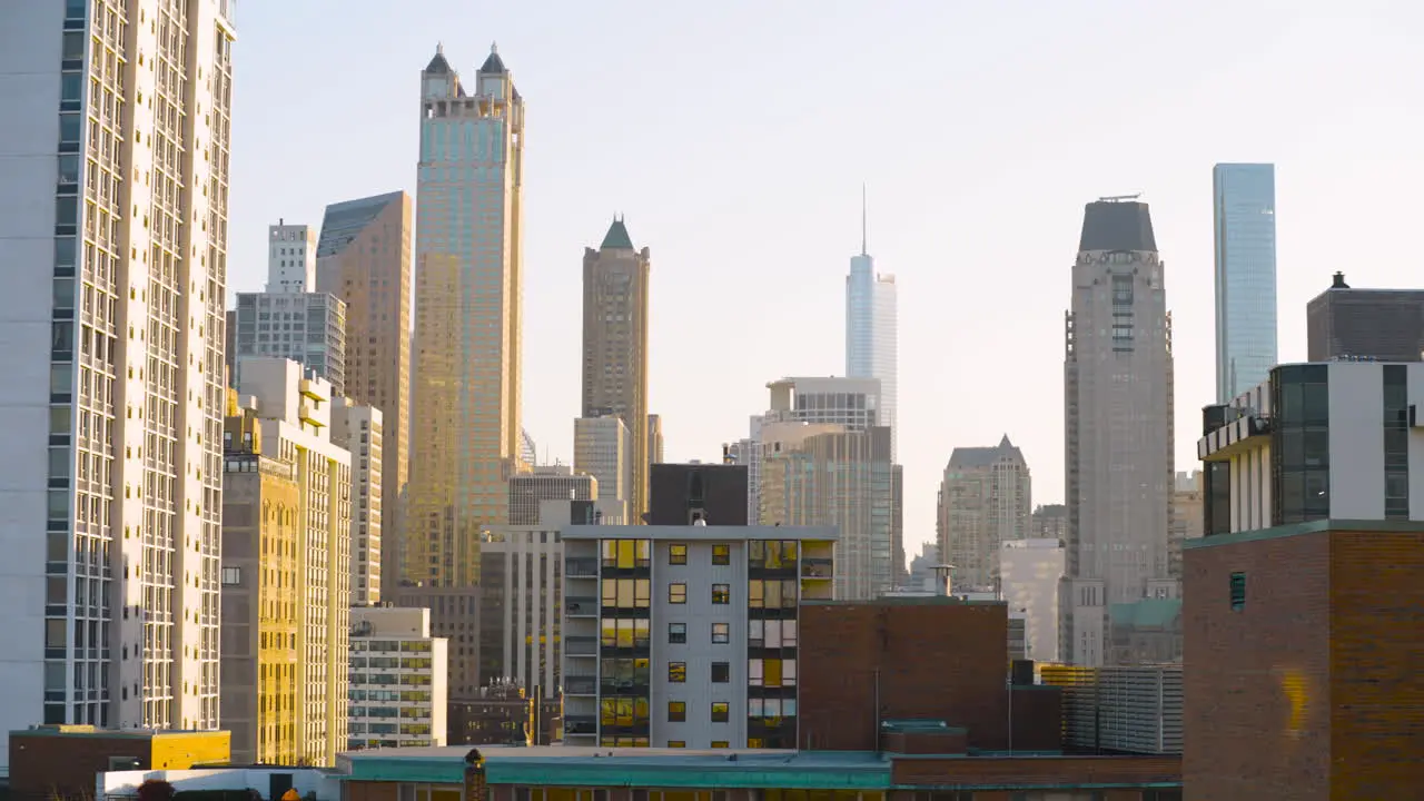 Wide shot of the downtown Chicago skyline at sunset