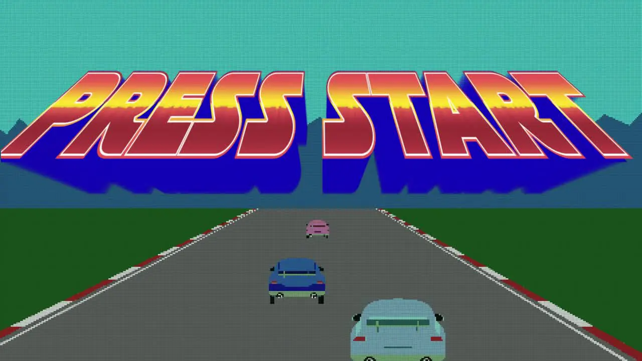 Animation of press start text over screen with car race video game