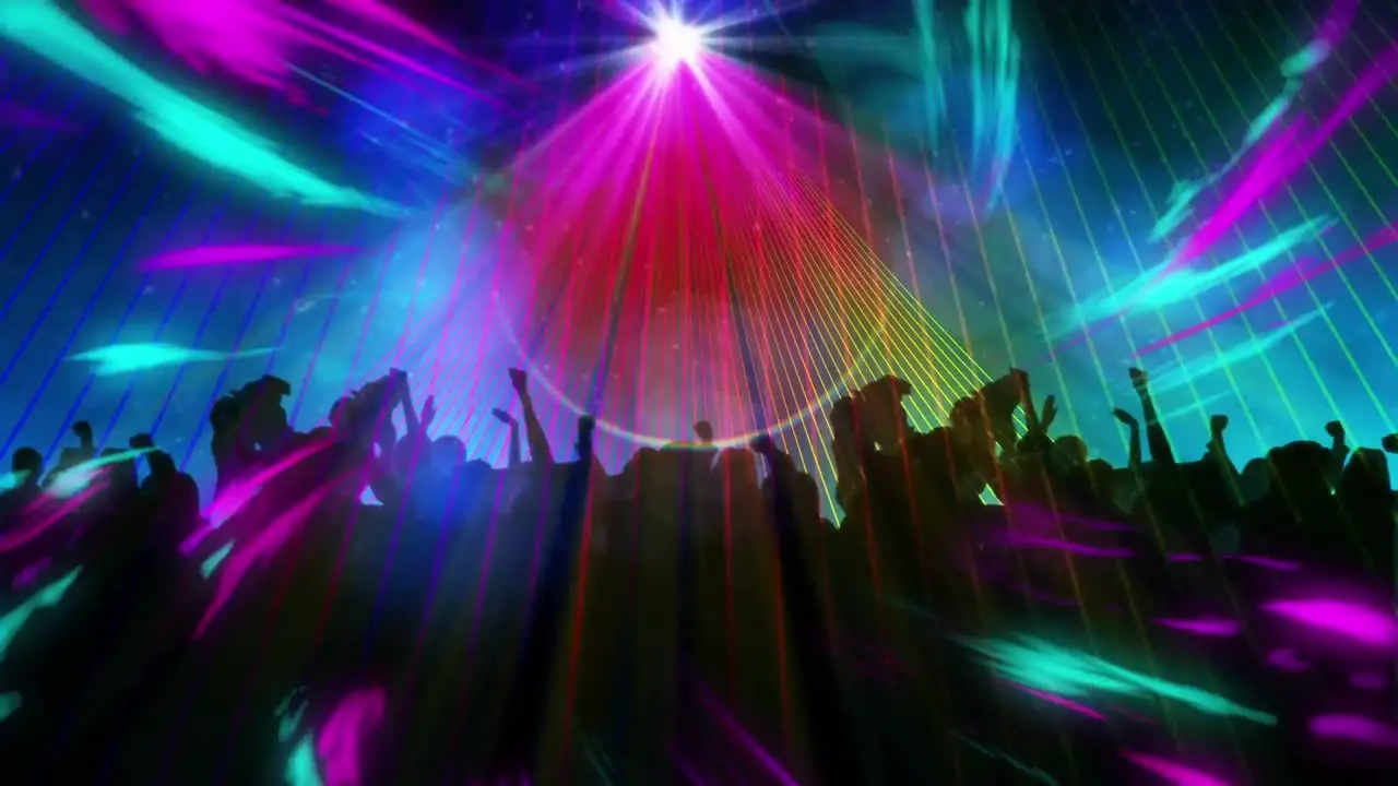 Animation of people dancing over spot lights in clubbing venue