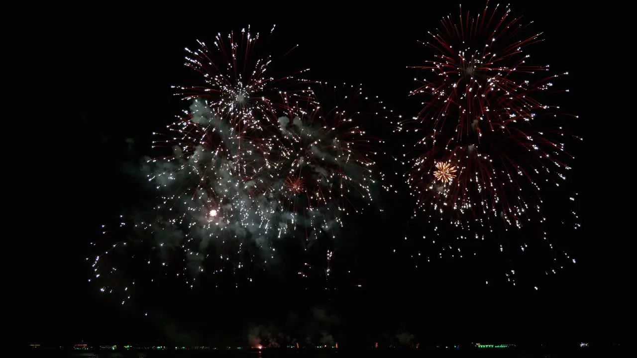 Systematic launching of fireworks from low to high altitudes reveals a climax to an extraordinary display of colored sparks and flames with bokeh lights in the night sky