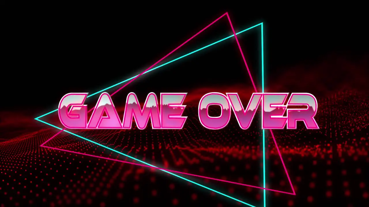 Animation of game over text in metallic pink letters with triangles over red mesh