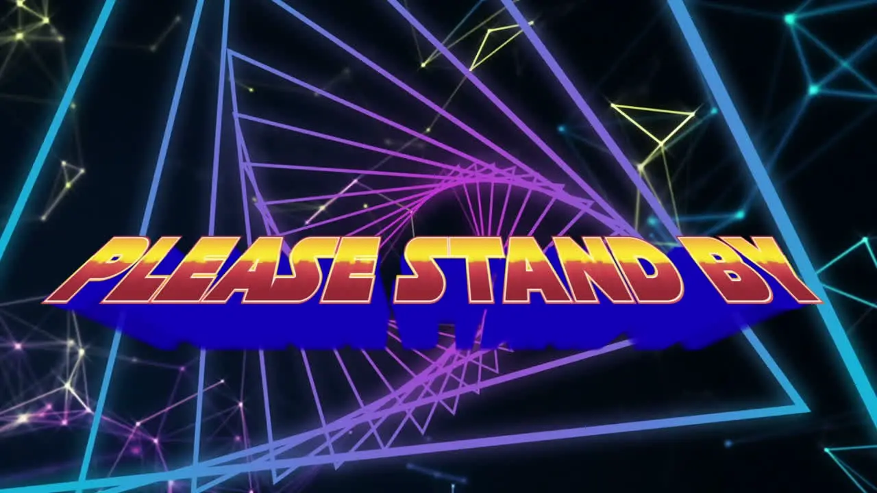 Animation of please stand by over black space with rotating shapes