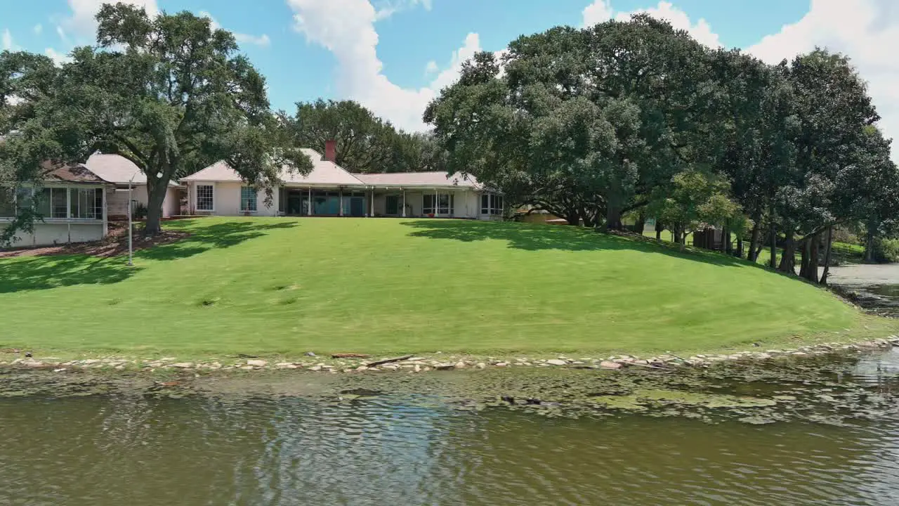 Drone view of homes off lake in Baton Rouge Louisiana