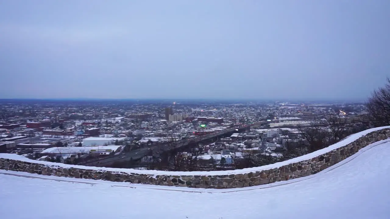 Mountain view of Paterson New Jersey at dusk winter city landscape with snow