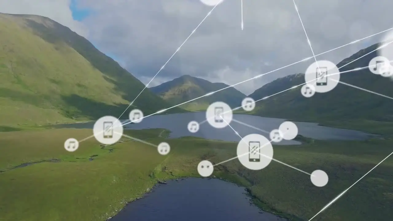 Animation of icons connected with lines aerial view of lakes mountains against cloudy sky