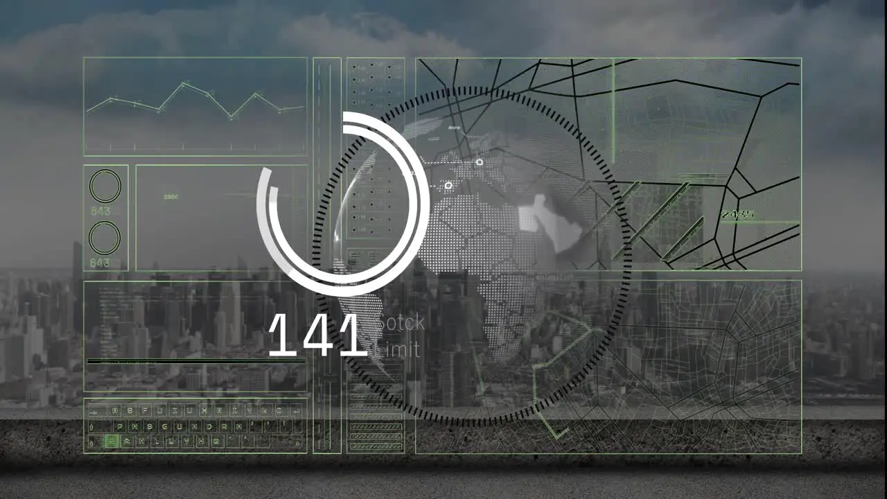 Animation of globe loading circle changing number navigation pattern over city against cloudy sky