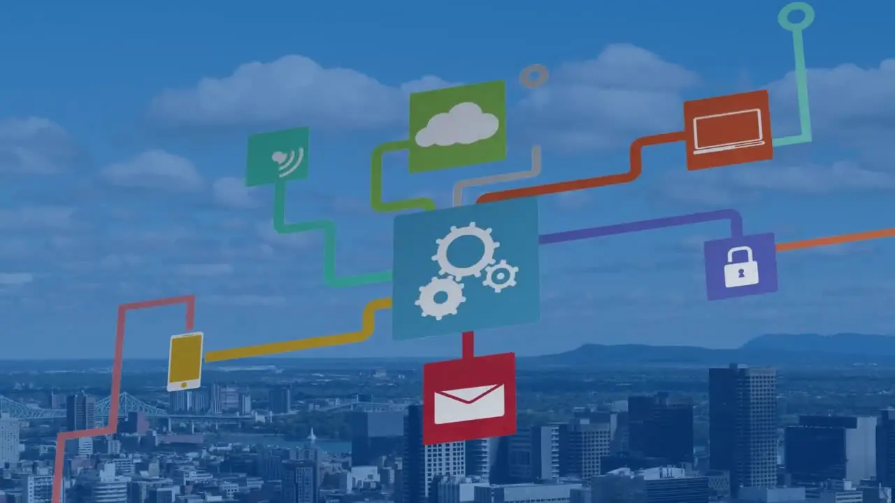 Animation of flowchart of icons over aerial view of city against cloudy sky