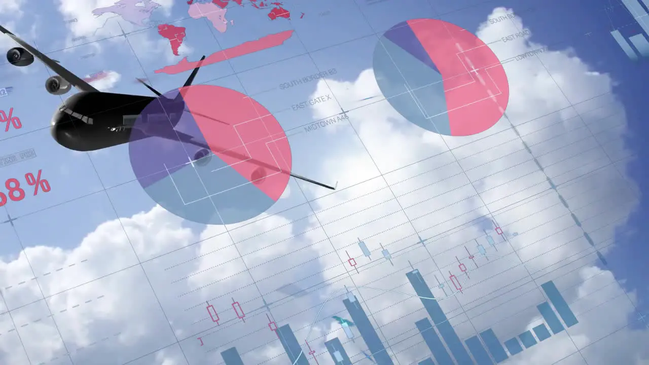 Animation of charts processing data over jet plane flying in blue cloudy sky