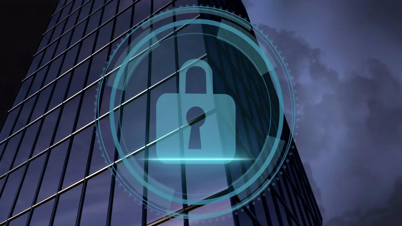 Animation of cyber security text padlock in circles low angle view of buildings against cloudy sky