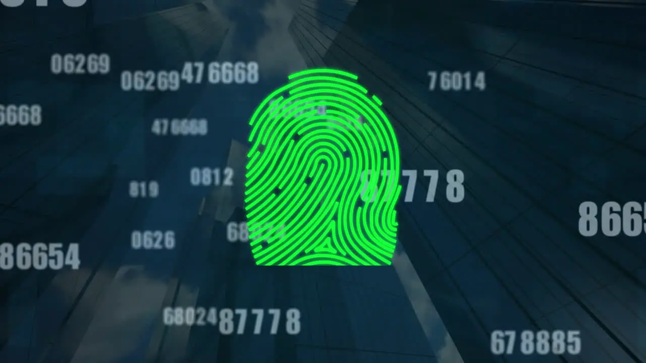 Animation of scanning fingerprint changing numbers low angle view of buildings against cloudy sky