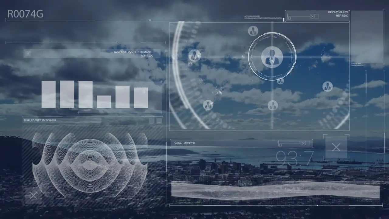 Animation of graph profile icons and graphs over aerial view of cityscape against cloudy sky