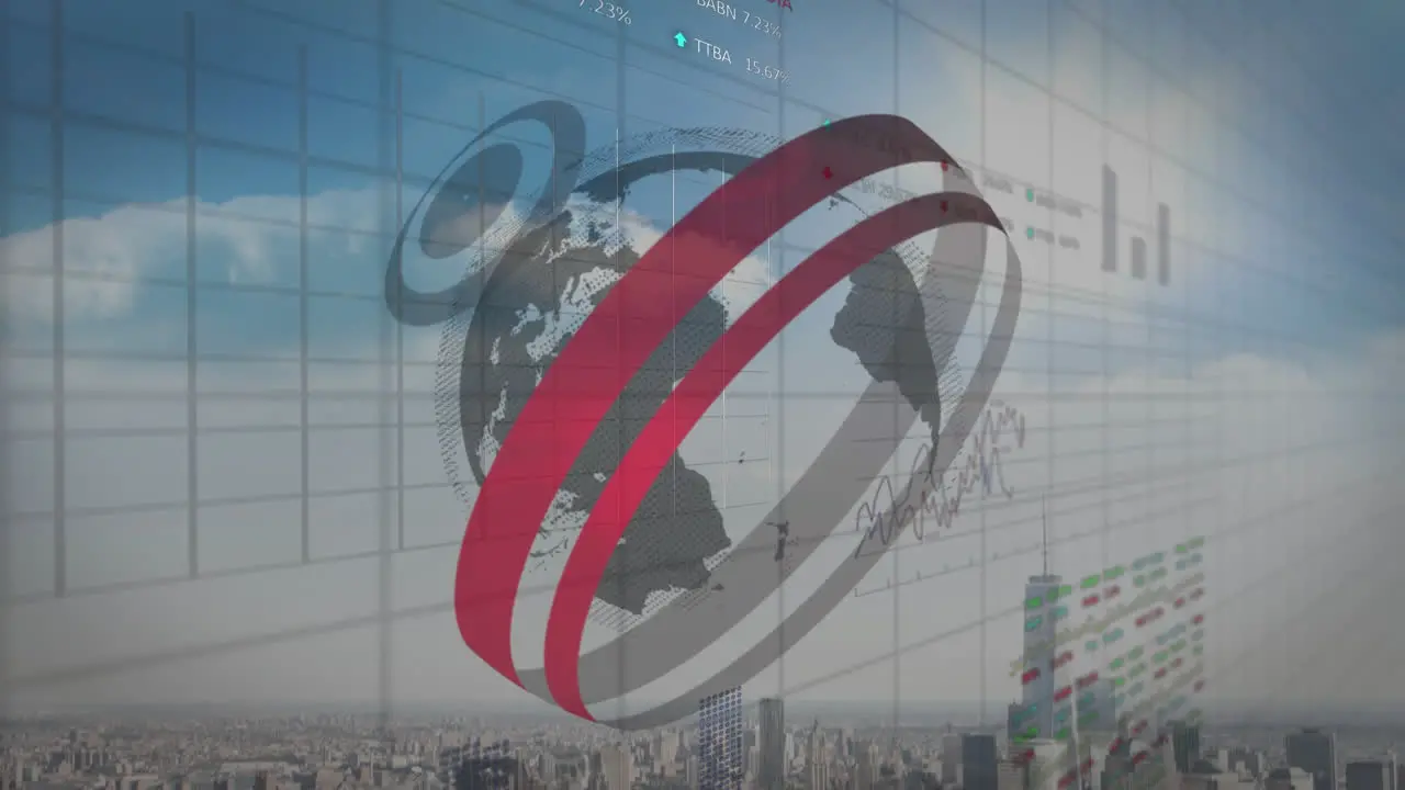 Animation of circular pattern around globe over trading board and graphs on city against cloudy sky